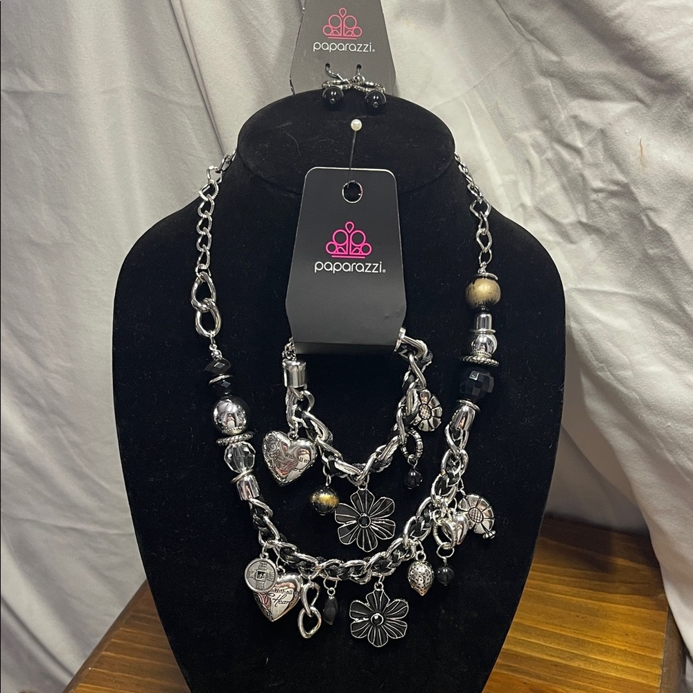 Paparazzi Silver, Black and Gold Charm Necklace Set Including Bracelet